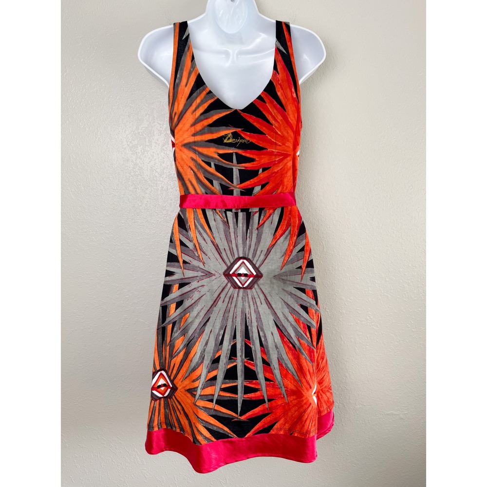 Desigual Geometric Studded A-Line Dress Orange Red Black Sleeveless tie M - Picture 6 of 9
